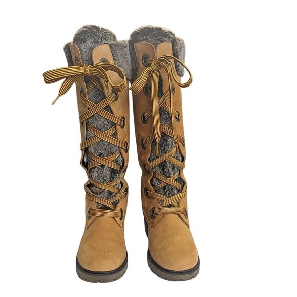 Vtg Y2K TIMBERLAND Mirney 91335 Wheat Faux Fur Wide Lace Knee High Boots Sz 8.5 - Picture 5 of 10